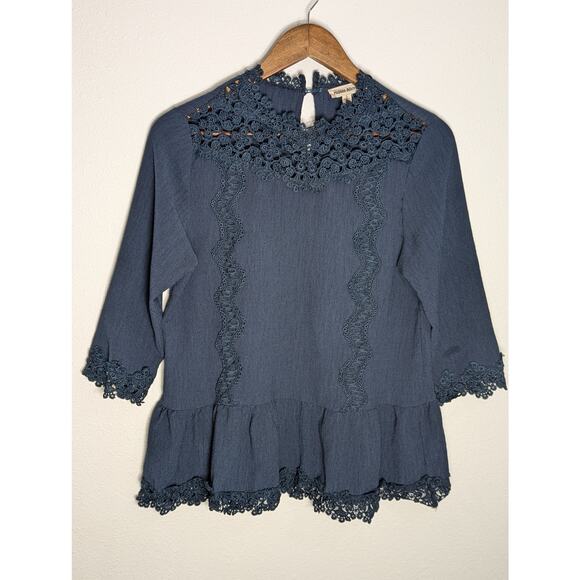 Hidden Alley Tops - Hidden Alley BOHO Top Blue/Dark Gray Crochet Trim Detail 3/4 Sleeve Size S